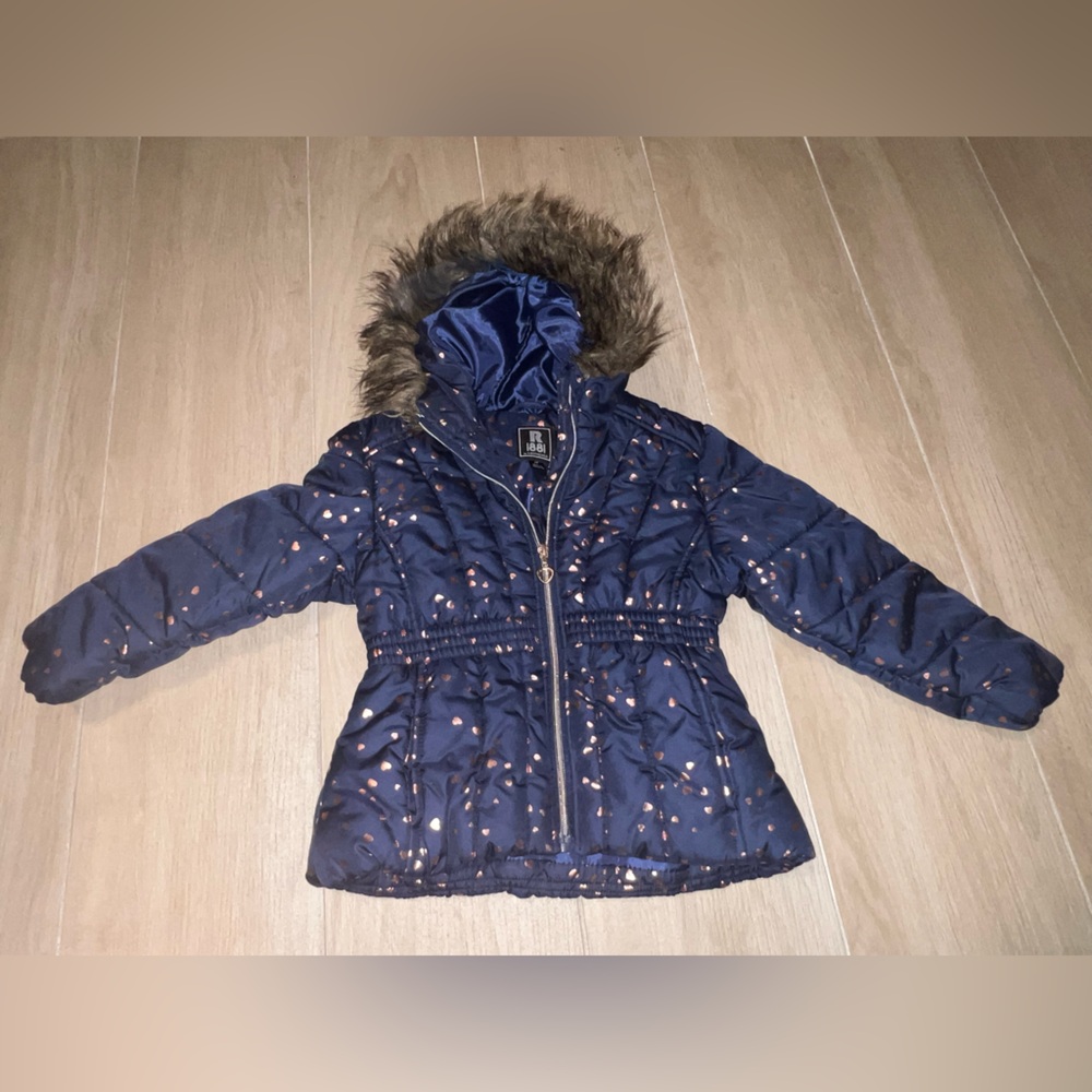 Navy Blue Kids Jacket with Faux Fur Trim